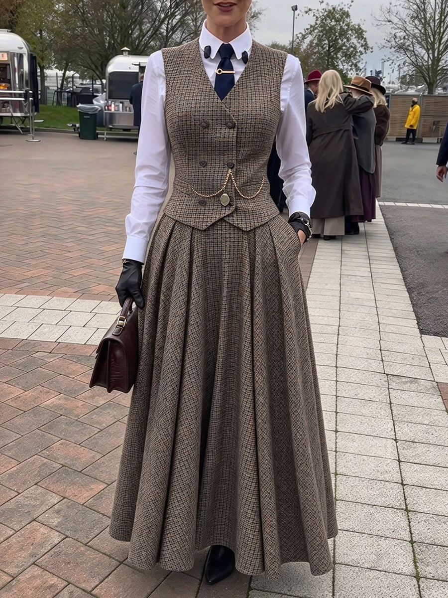 Vintage-style Wool-blend Plaid Vest And Long Skirt Two-piece Set