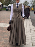 Vintage-style Wool-blend Plaid Vest And Long Skirt Two-piece Set