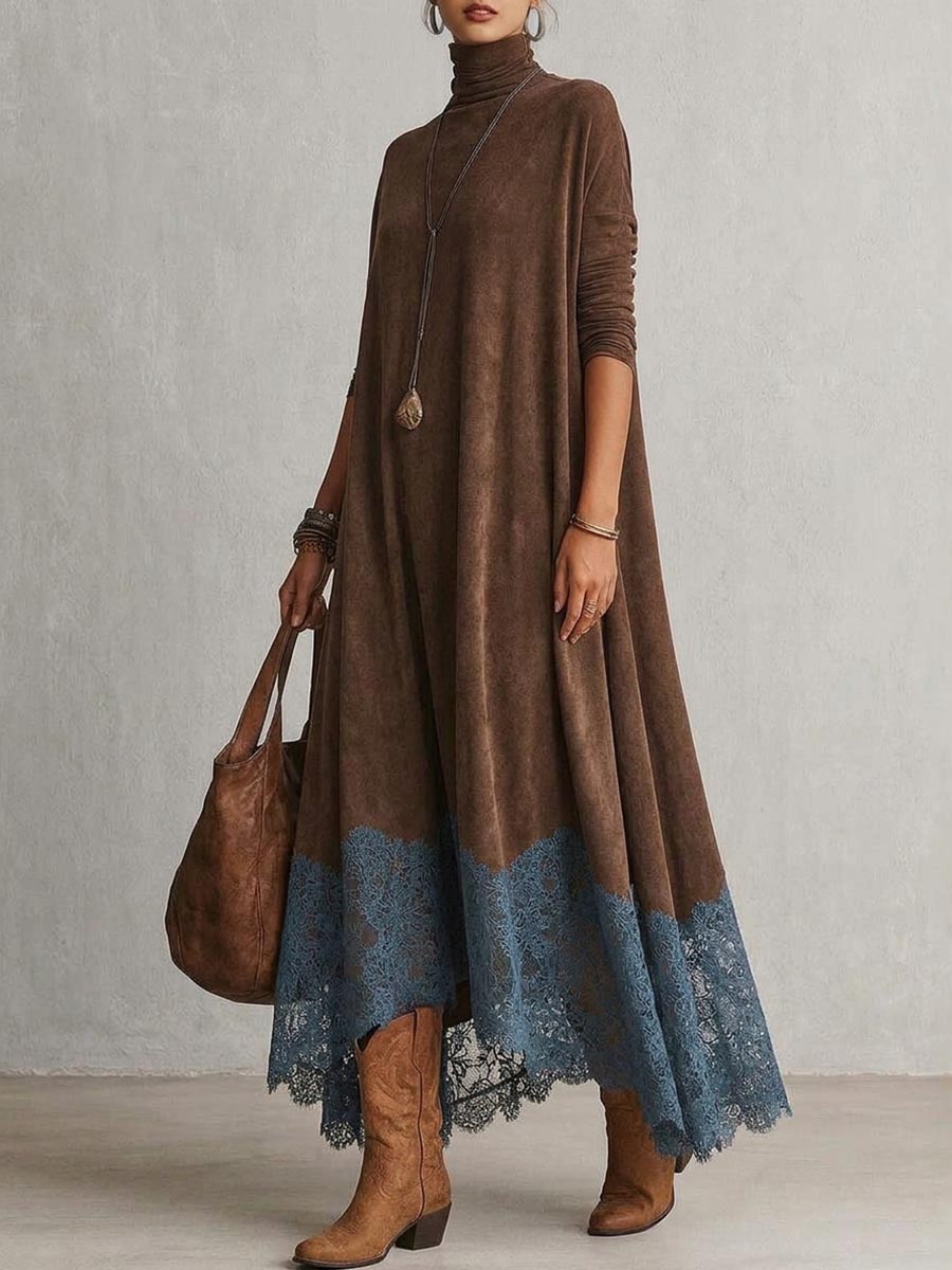 Women's Casual Loose-fit A-line Dress With Lace Paneling, High Neck, And Long Sleeves