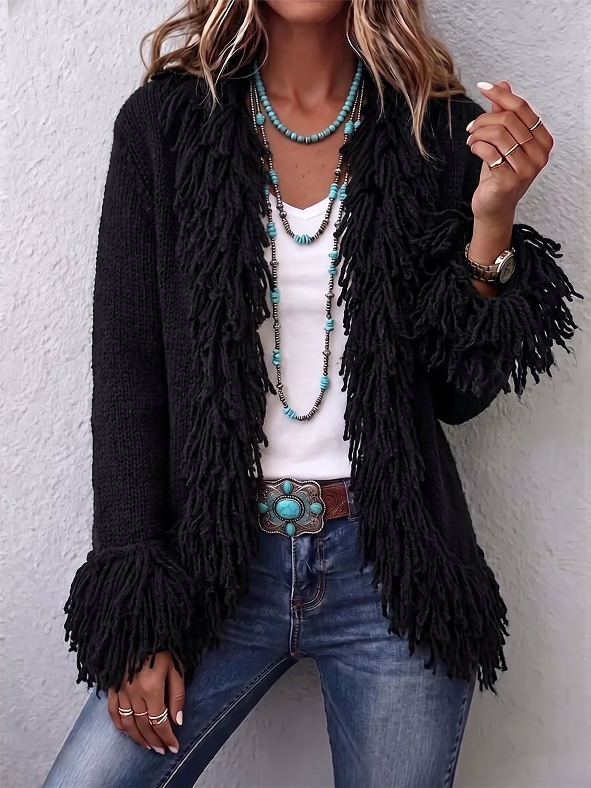 Cozy Beige Fringe Trim Open-Front Knit Cardigan