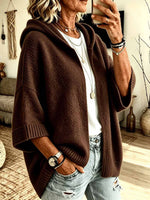 Women's Solid-Color V-Neck 3/4 Sleeve Loose-Fit Hooded Knit Cardigan