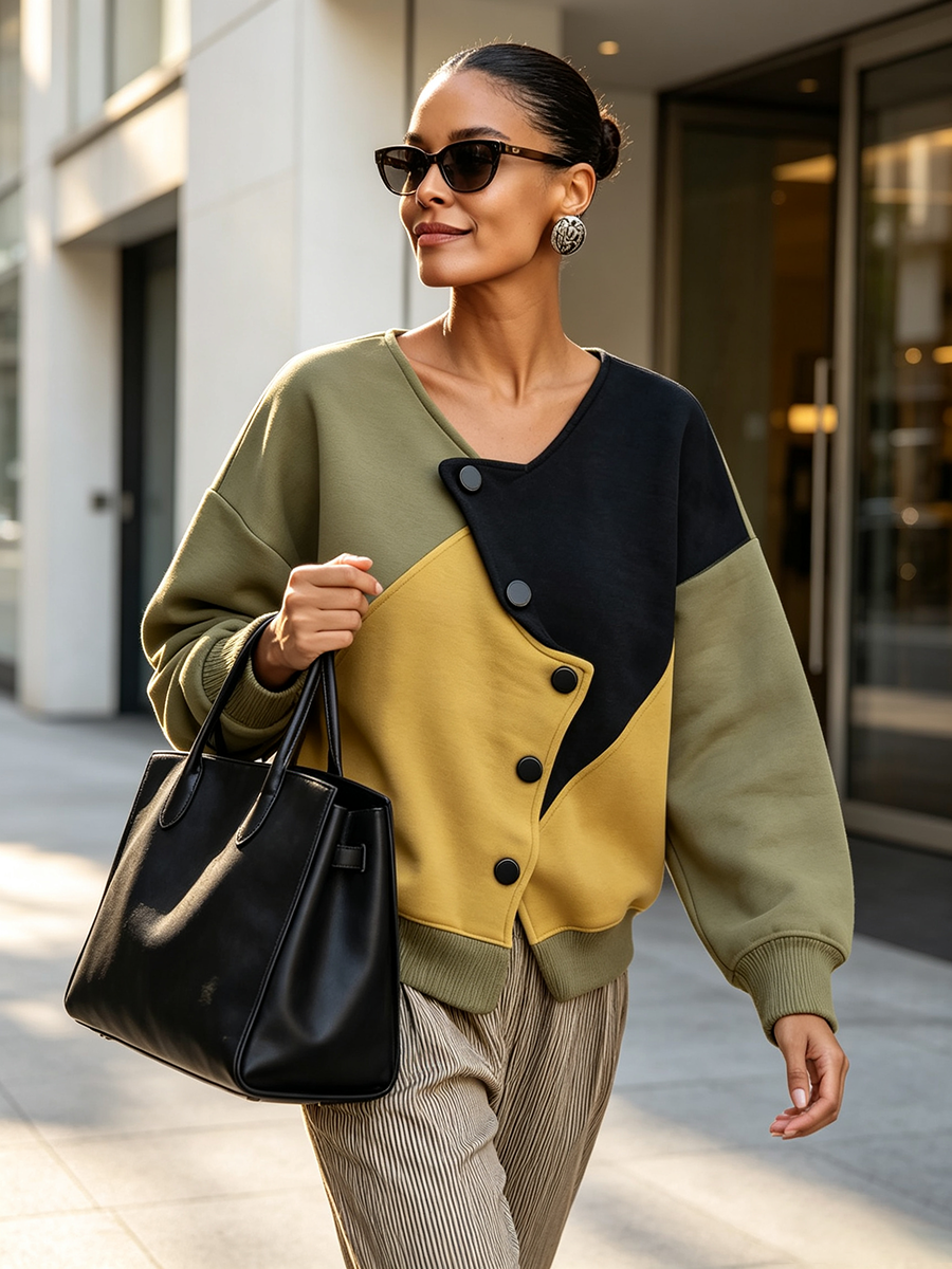 Chic Stylish Asymmetric Colorblock Sweatshirt Jacket