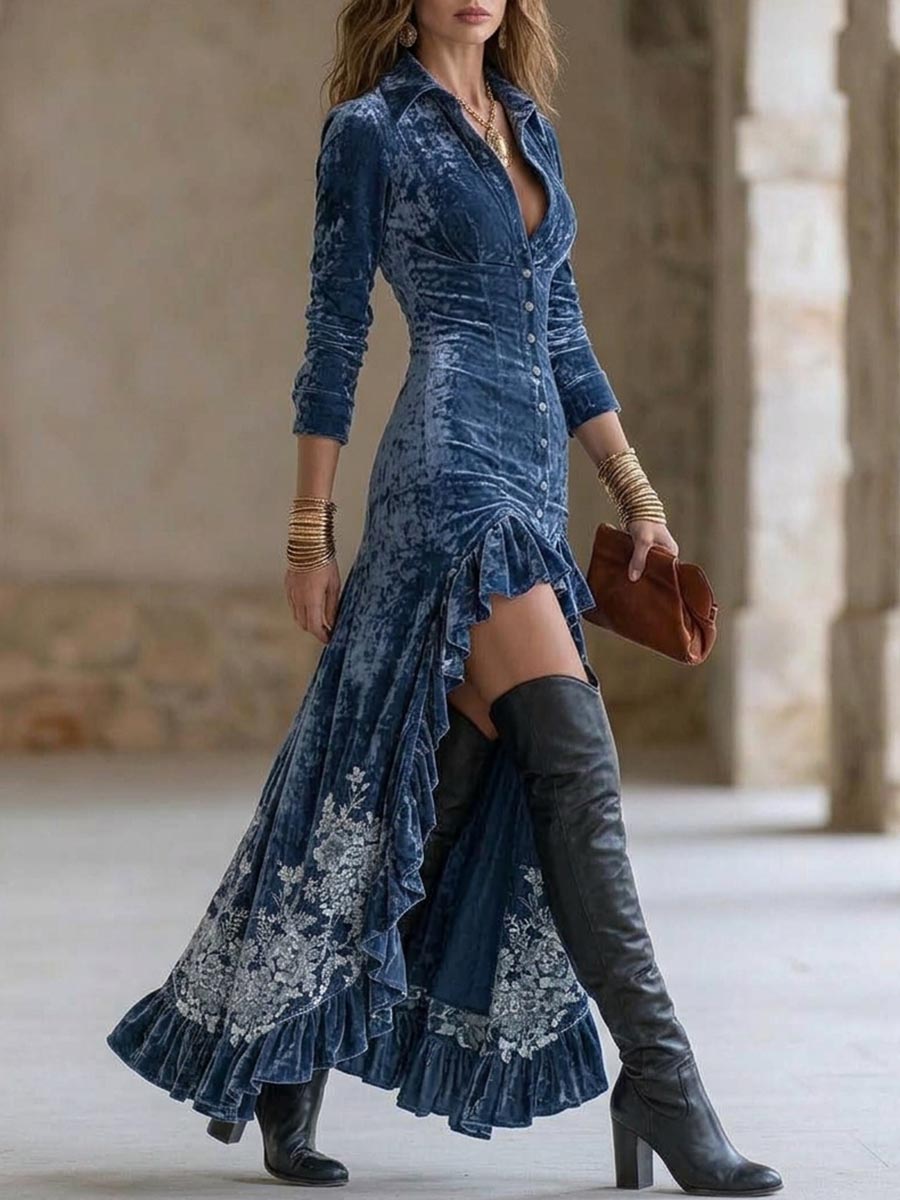 Women's Long-sleeve Velvet Dress With Lapel Slim Fit And Irregular High-low Hem