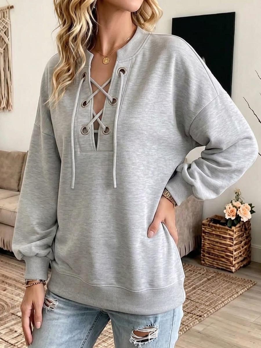Women's V-neck Long-sleeve Cut-out Lace-up Casual Loose Pullover Top