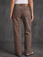 Distressed Washed Denim Leopard Print Straight-Leg Jeans