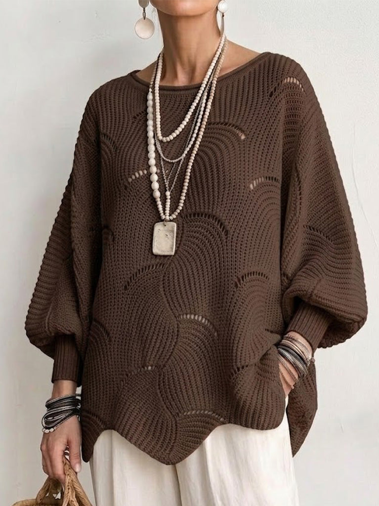 Hollow Wave Pattern Loose Lantern Sleeve Knit Top