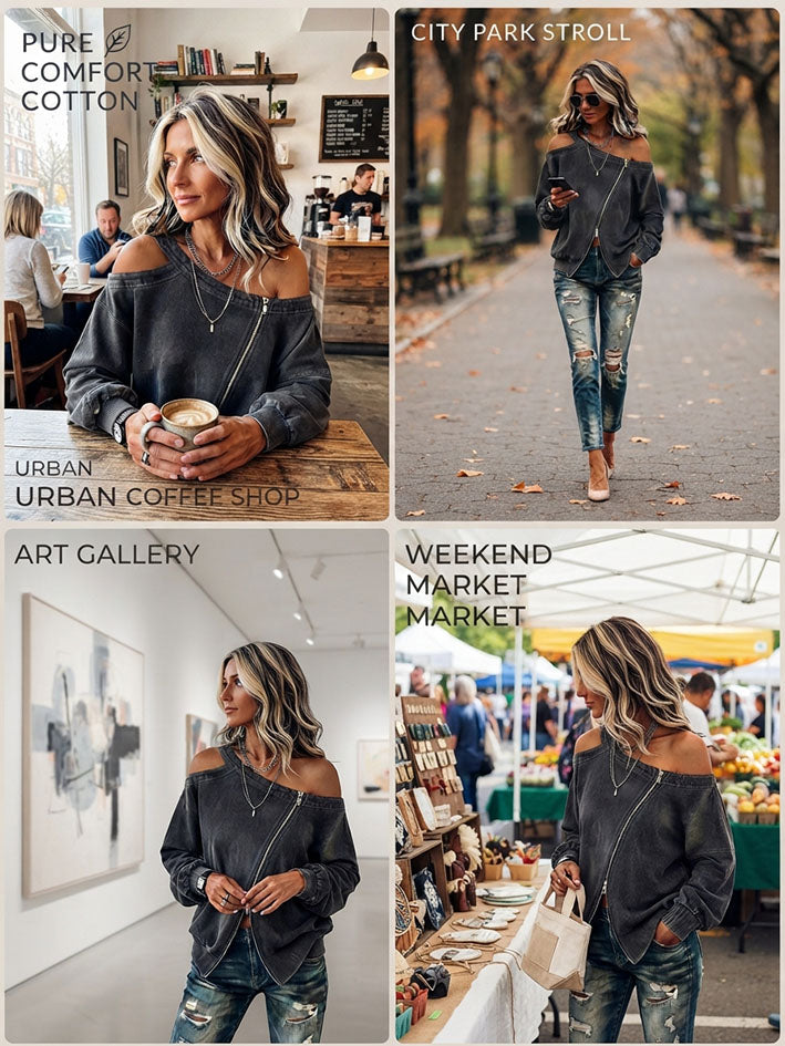 Edgy Chic Asymmetric Cold-shoulder Zipper Pure Cotton Sweatshirt