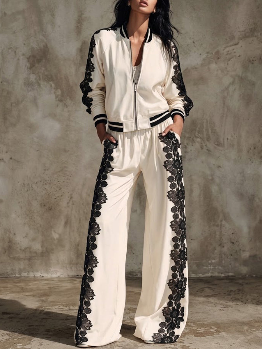 Two-piece Set Featuring A Color-block Lace-panel Baseball Jacket And Wide-leg Trousers