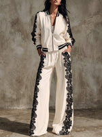 Two-piece Set Featuring A Color-block Lace-panel Baseball Jacket And Wide-leg Trousers