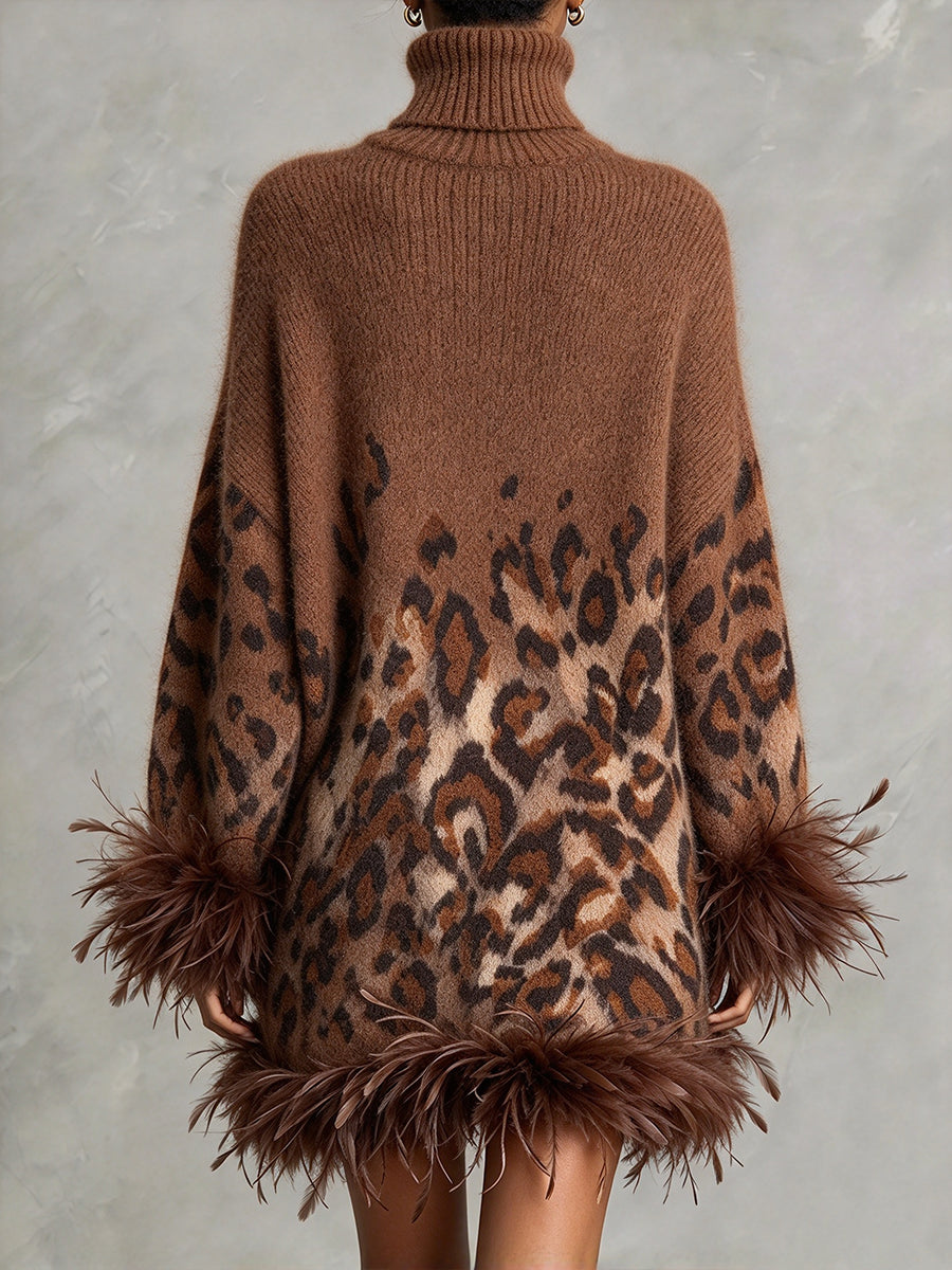 Chic Ombré Leopard-print Feather-trim Knit Dress