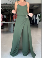 Elegant Green Chiffon Three-piece Set: Cape-style Top, Camisole, And Wide-leg Trousers
