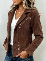 Women's Solid Color Long-sleeve Corduroy Jacket With Studs, Lapel, And Loose Casual Fit