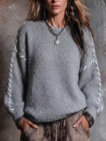 Women's Round Neck Long-sleeved Casual Loose Handmade Color-blocked Pullover Knit Sweater