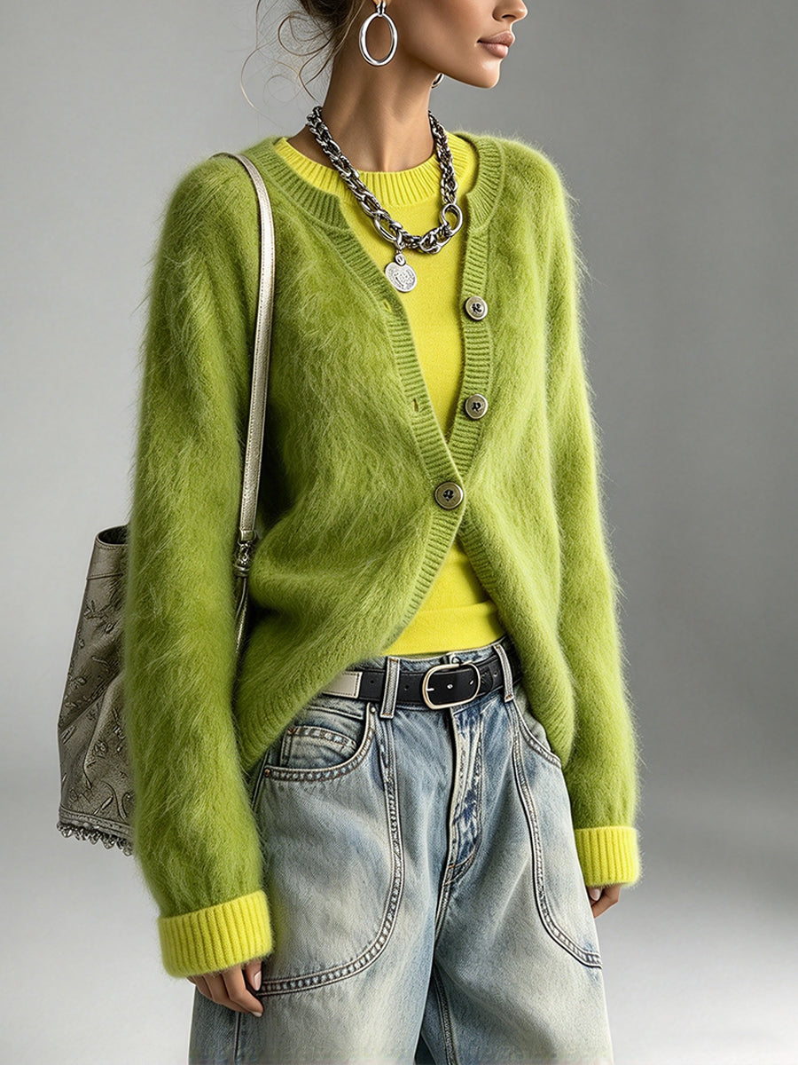 Chic Lime-green Fuzzy-textured Knit Cardigan