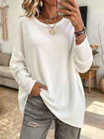 Casual Relaxed White Cotton Long-sleeve Stretch T-shirt
