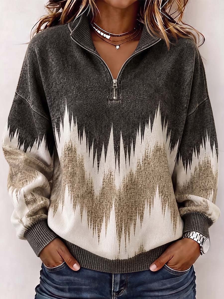 Women's Stand-collar Long-sleeve Loose-fit Abstract Print Knit Pullover