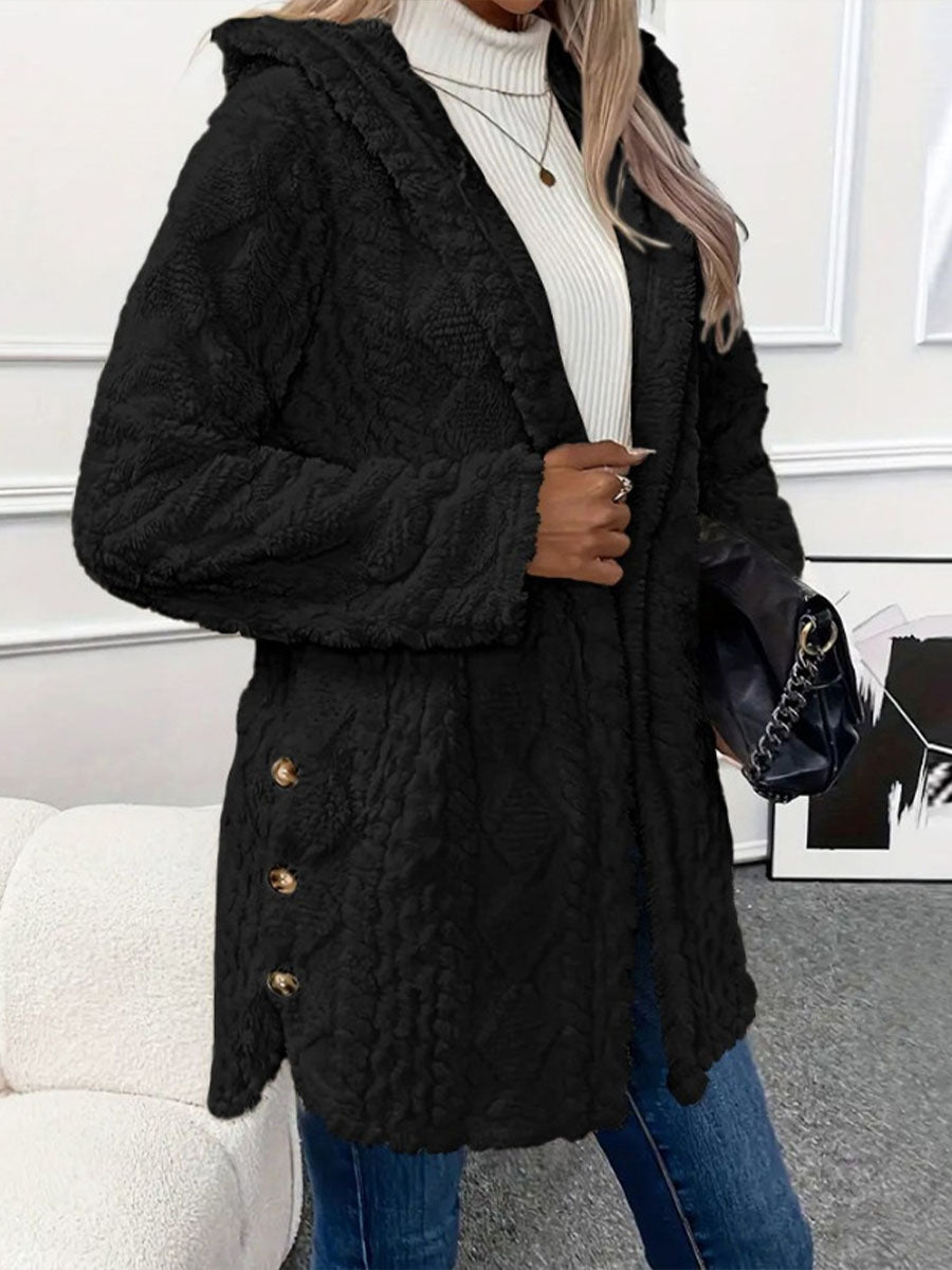 Women's Solid Color Long-sleeved Casual Loose Hooded Flannel Jacket