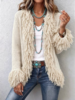 Cozy Beige Fringe Trim Open-Front Knit Cardigan