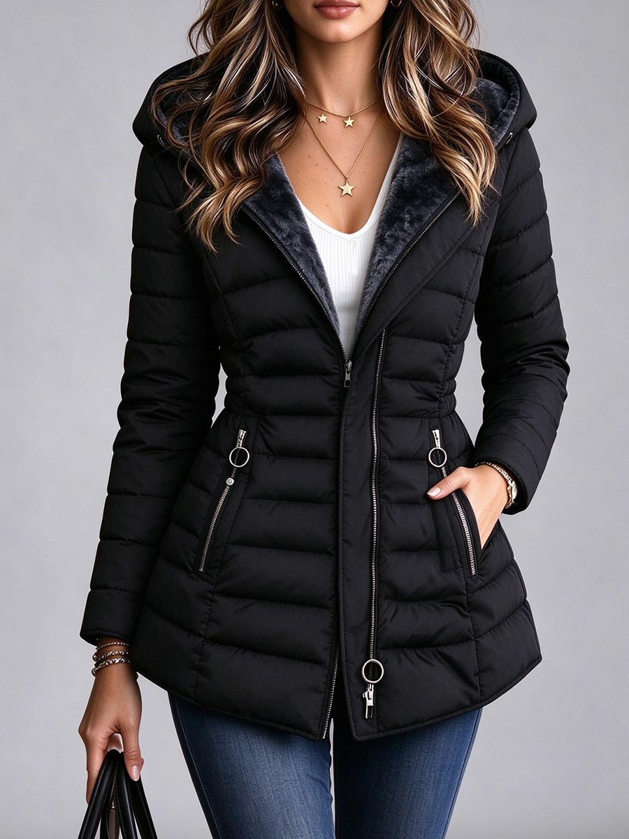 Women's Hooded Quilted Puffer Jacket With Faux Fur Lining
