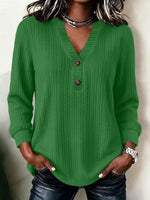 Textured Henley V-Neck Long Sleeve Blouse