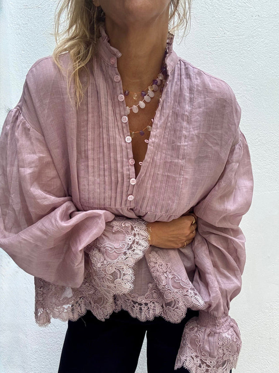 Romantic Lace-Trimmed Ruffle-Collar Blouse