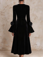 Exquisite, Ornate Rhinestone-collared Velvet Midi Dress