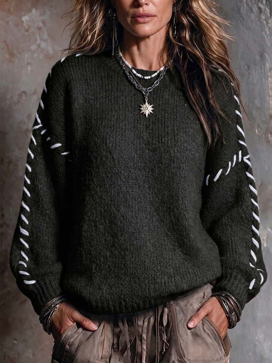 Women's Round Neck Long-sleeved Casual Loose Handmade Color-blocked Pullover Knit Sweater
