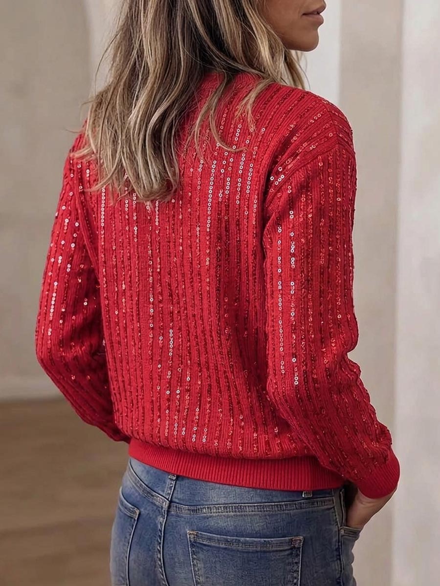 Women's Red Vertical Sequin Stripe Knit Sweater