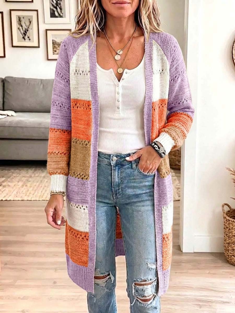 Women's Striped Color-blocked V-neck Long-sleeved Casual Loose Knitted Long Coat