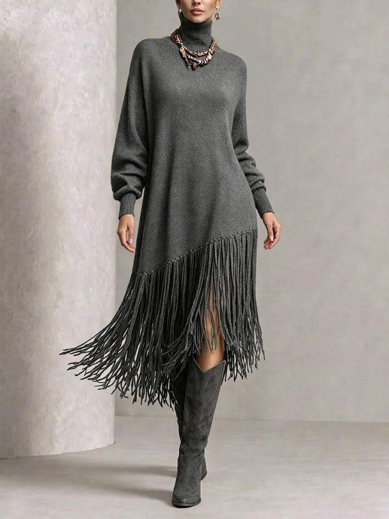 Turtleneck Diagonal Fringe Oversized Knit Midi Dress