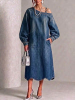 Midi Denim Dress With One-shoulder Design, Metal Buckle, Ruffled Hem, And Pocket Detail