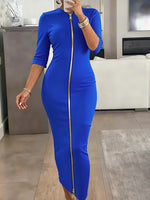 Gold-zip Front Slim-fit Stretch Knit Midi Dress
