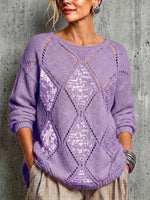 Loose-fit Knit Sweater With Diamond Cutouts And Sequin Embellishments