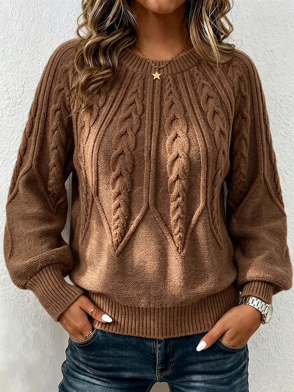 Vertical Cable Knit Raglan Balloon‑sleeve Crew Neck Sweater