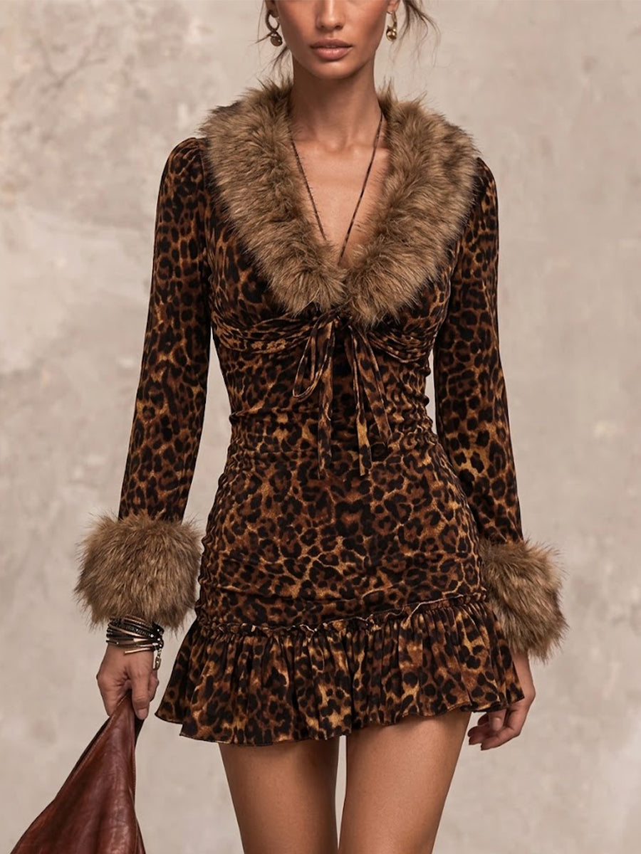 Leopard-print Faux-fur Collar, Drawstring-ruched, Ruffled, Bodycon Mini Skirt
