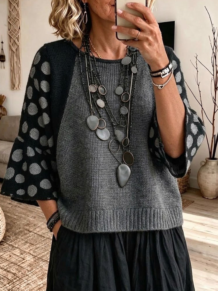 Polka-dot Raglan-sleeve Knit Top With Flared Sleeves