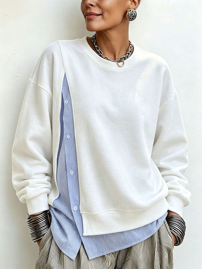 Cozy Blue Striped Shirt-panel Sweatshirt (faux-layered Look)