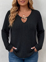 Long-sleeve V-neck Top With Vertical Ribbing And Metal Chain Detail