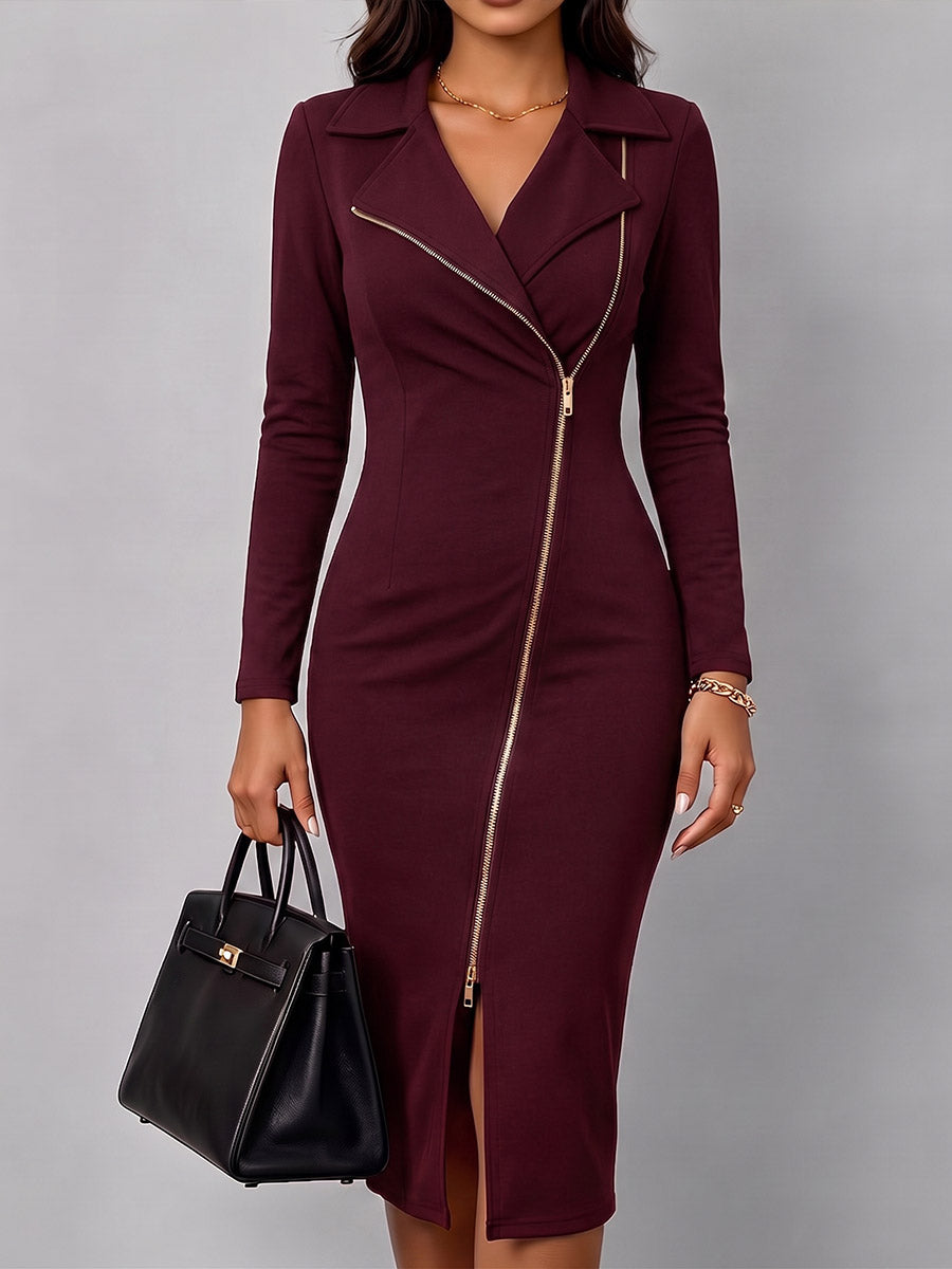 Women's Solid Color Suit Collar Long Sleeve Casual Slim Fit Bodycon Dress