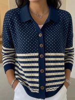 Heart-pattern, Polka-dot, And Striped Collared Knit Cardigan