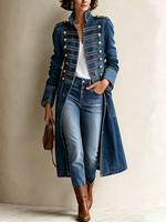 Chic Military-inspired Long Denim Coat
