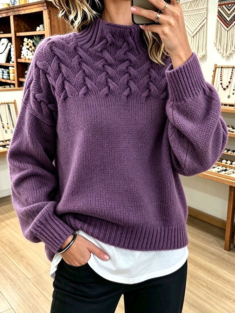 Chic Cozy Basketweave Cable-knit Mock Neck Sweater
