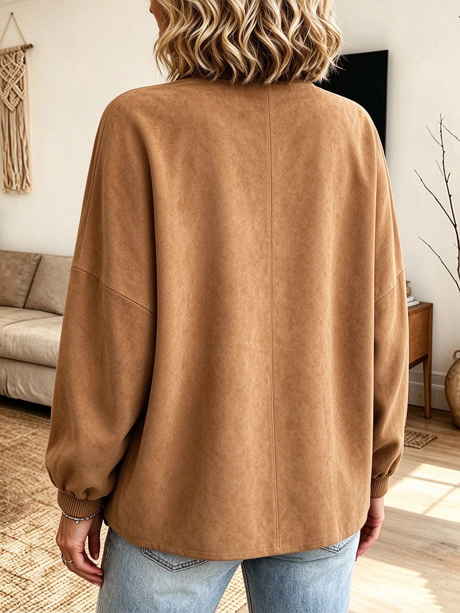 Chic Faux-suede Knot-button Oversized Jacket