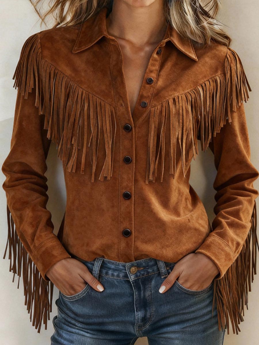 Women's Solid Color Lapel Long-sleeve Casual Loose Faux Suede Shirt With Tassels