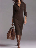 Women's Solid Color Stand Collar Long Sleeve Casual Slim Fit Bodycon Knit Dress