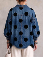 Oversized Polka-dot Denim Jacket With Lapel, Irregular Hem, And Large Metal Buttons