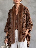 Boho Relaxed Open-front Faux Fur Trim Leopard Print Cardigan