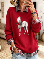 Fake-two-piece Plaid Layering Horse Graphic Sweatershirt