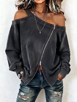 Edgy Chic Asymmetric Cold-shoulder Zipper Pure Cotton Sweatshirt