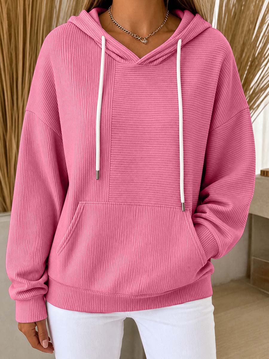 Women's Casual Ribbed Knit Pullover Hoodie With Kangaroo Pocket